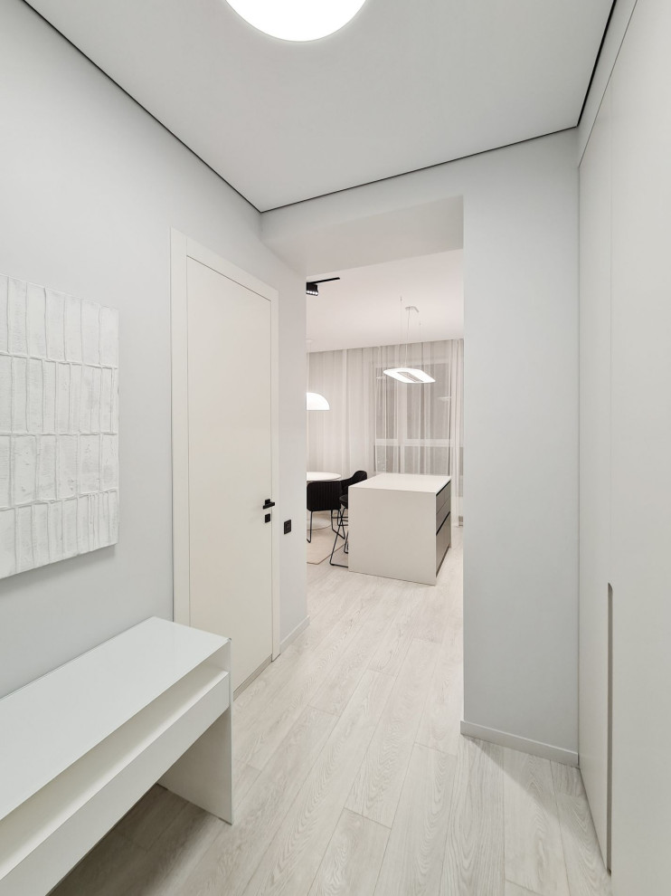 Cette image montre une petite entrée design avec un mur blanc, un sol en vinyl, un sol blanc, un couloir, une porte simple et une porte blanche.