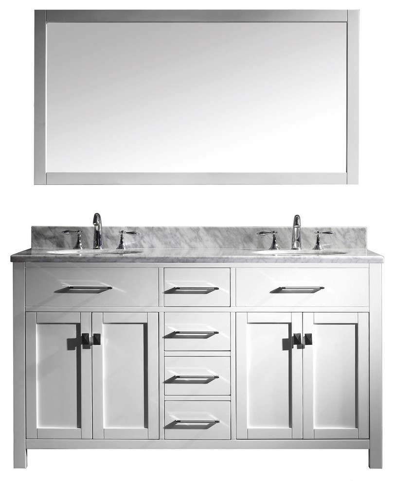 Caroline 60"DB Vanity White, Marble Top, Round Sinks, Nickel Faucets, Mirror