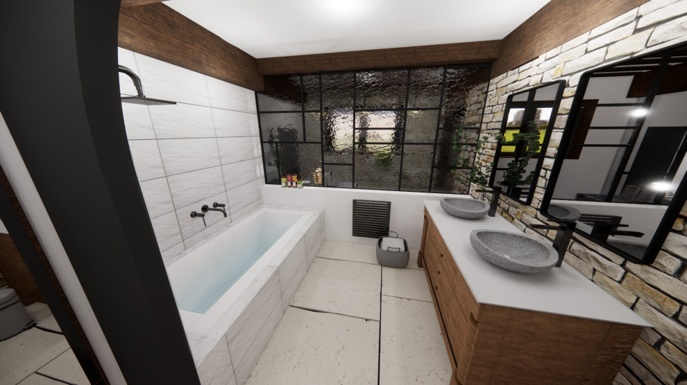 Exemple d'une salle de bain blanche et bois éclectique en bois brun de taille moyenne avec une baignoire encastrée, un carrelage blanc, un mur blanc, un lavabo posé, un sol beige et meuble double vasque.