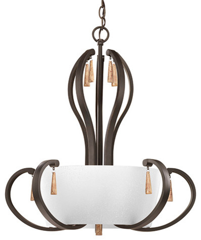 Club Antique Bronze Five-Light Inverted Pendant with Tea-Stained Glass Shade