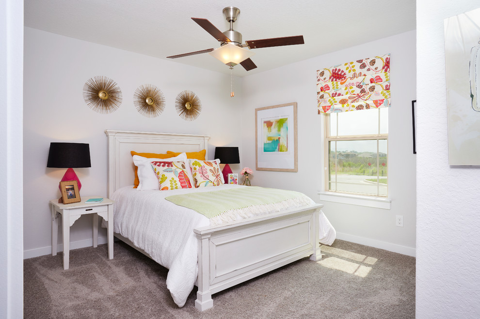 Mid-sized country kids' bedroom in Other with white walls, carpet and beige floor for girls.