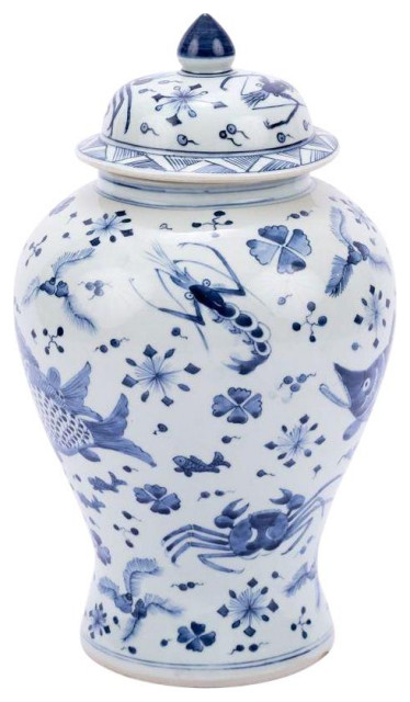 Ginger Jar Vase Shrimp & Crab Animal Blue Colors May Vary White
