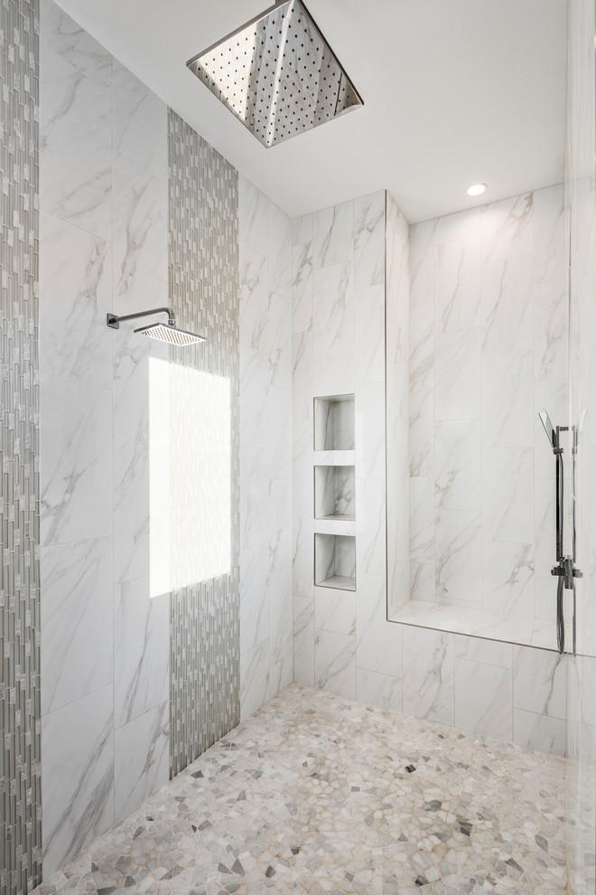 This is an example of an expansive transitional master bathroom in Miami with recessed-panel cabinets, white cabinets, an open shower, white walls, medium hardwood floors and granite benchtops.
