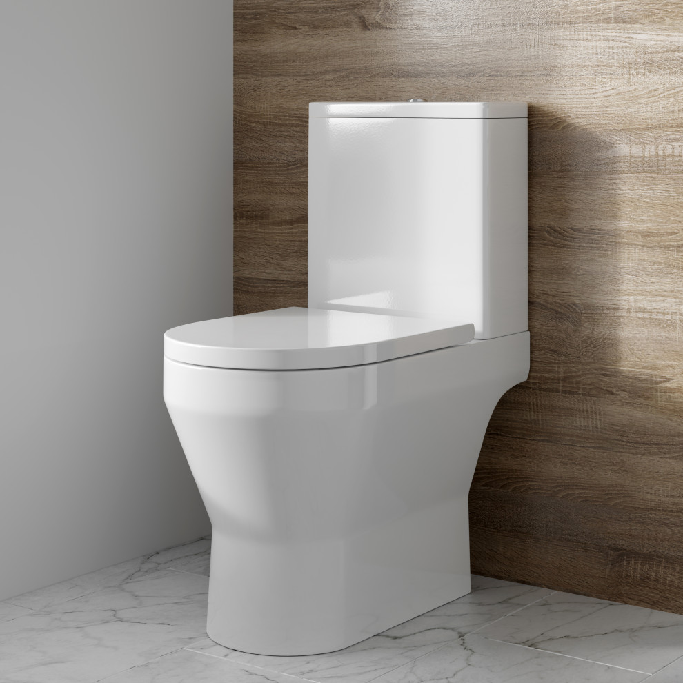Inredning av ett modernt mellanstort badrum för barn, med en toalettstol med separat cisternkåpa, brun kakel, vita väggar, marmorgolv, grått golv och stickkakel
