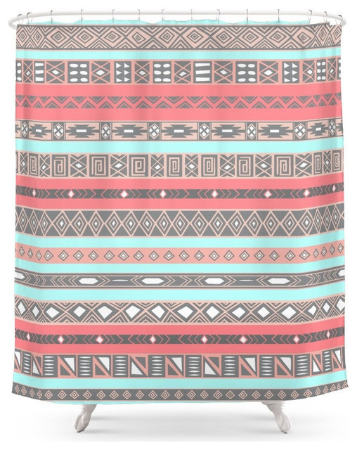 Peach Rose Baby Blue Aztec Tribal Native Pattern Shower Curtain