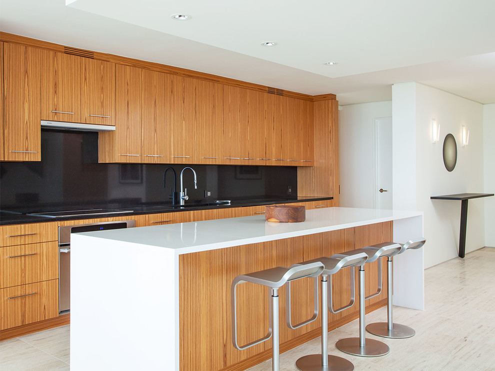 Contemporary kitchen in Chicago with travertine floors.
