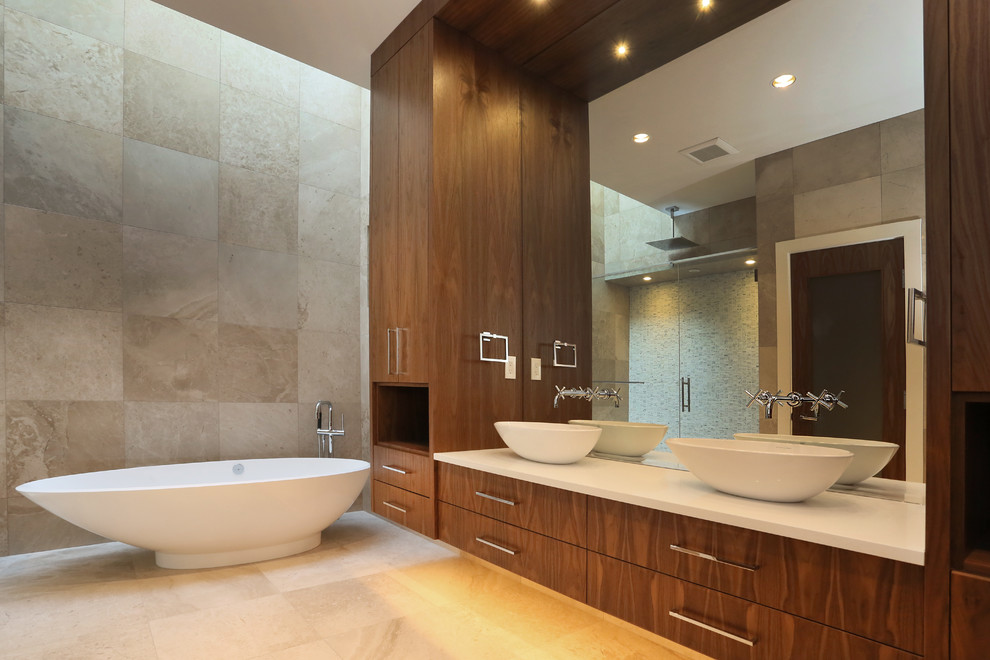 Expansive contemporary master bathroom in Vancouver with an undermount sink, open cabinets, dark wood cabinets, quartzite benchtops, a freestanding tub, a one-piece toilet, white tile, ceramic tile, multi-coloured walls and mosaic tile floors.