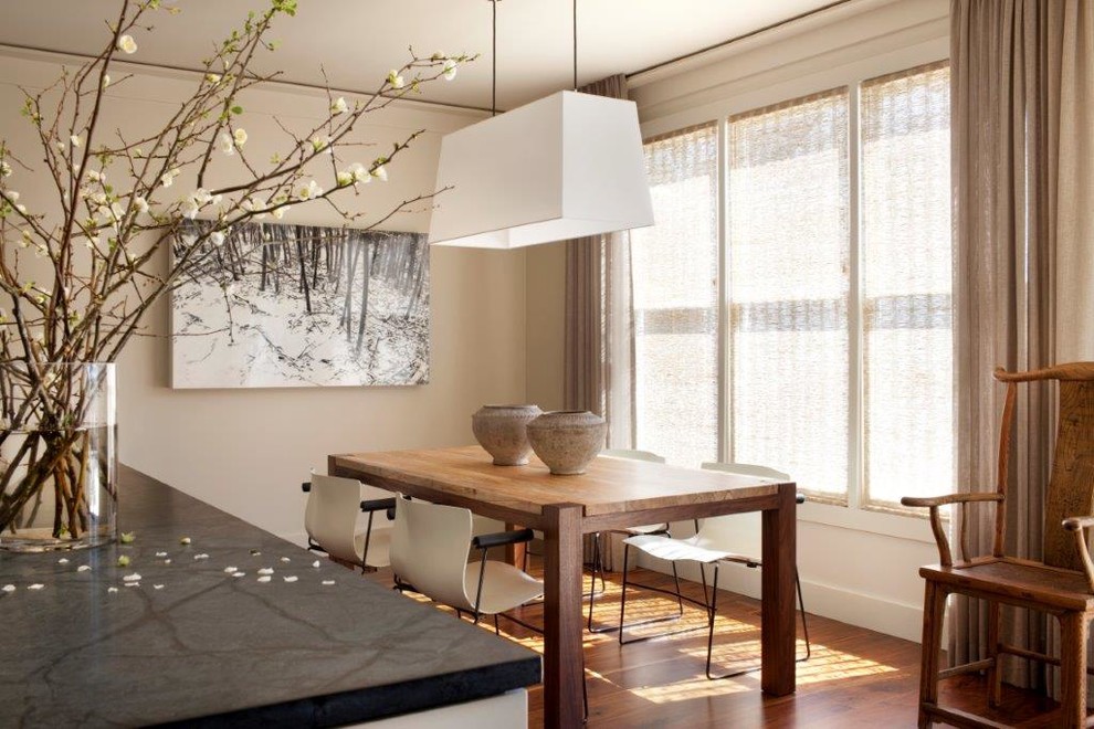 Example of a mid-sized transitional dark wood floor and brown floor kitchen/dining room combo design in Chicago with beige walls