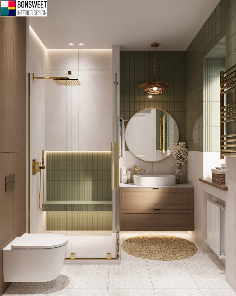 Душевая комната с зеленой мозаикой