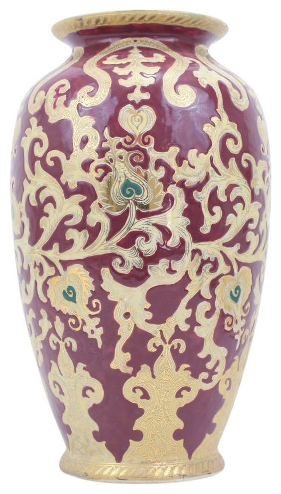 Red and Gold Tapestry Chinese Porcelain Round Floral Vase Asian Vases by William Sung Houzz