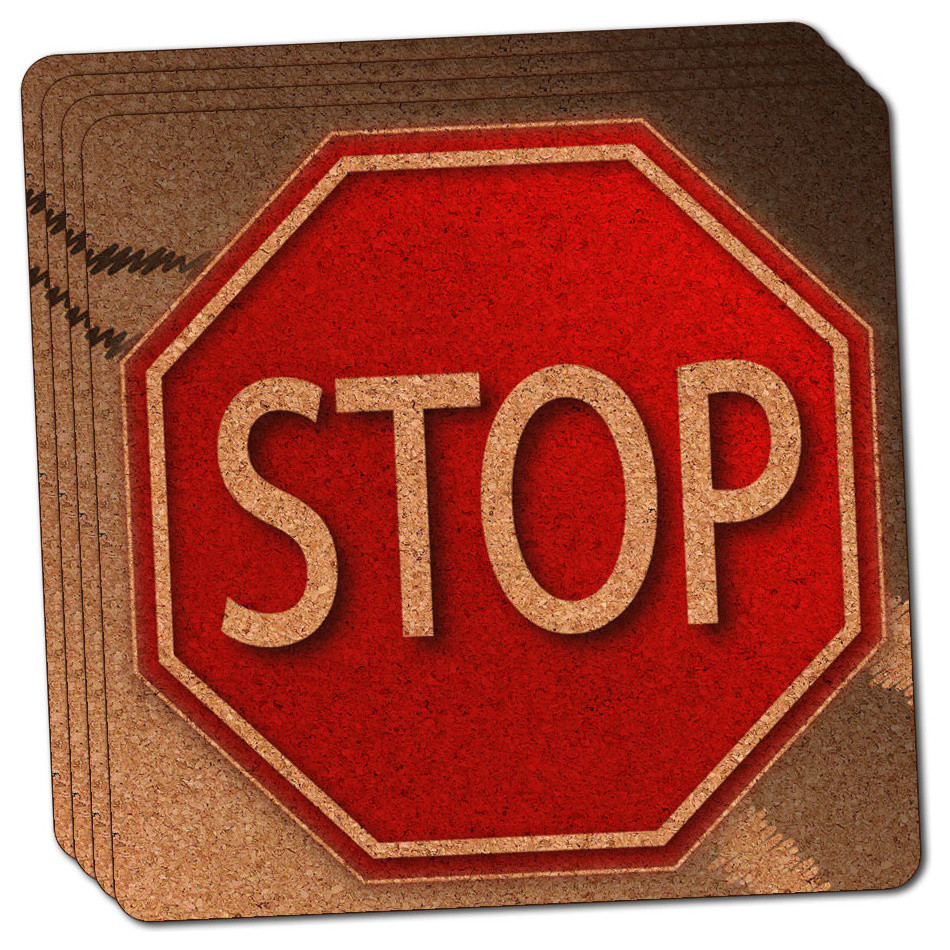 Stop Sign Stylized Red Grey Thin Cork Coaster Set of 4
