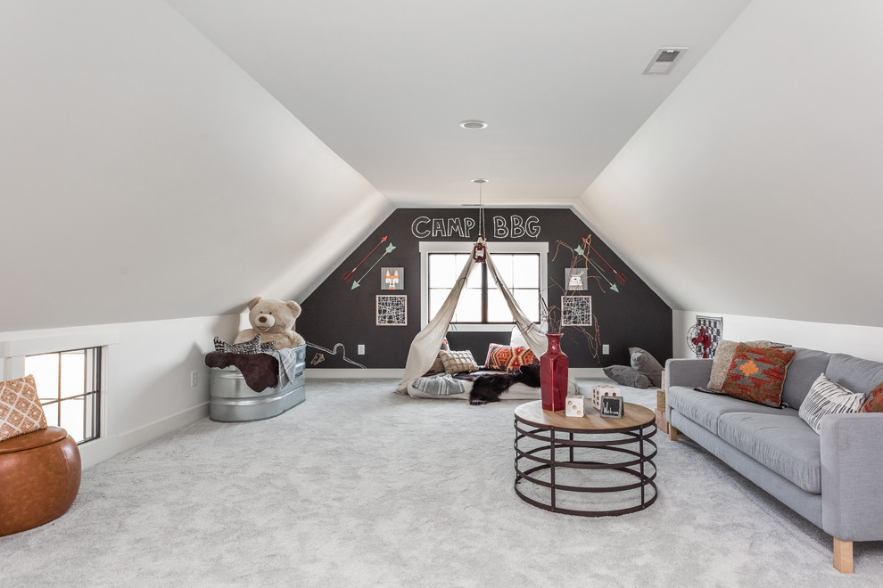 This is an example of a large country gender-neutral kids' playroom in Indianapolis with white walls, carpet and grey floor.