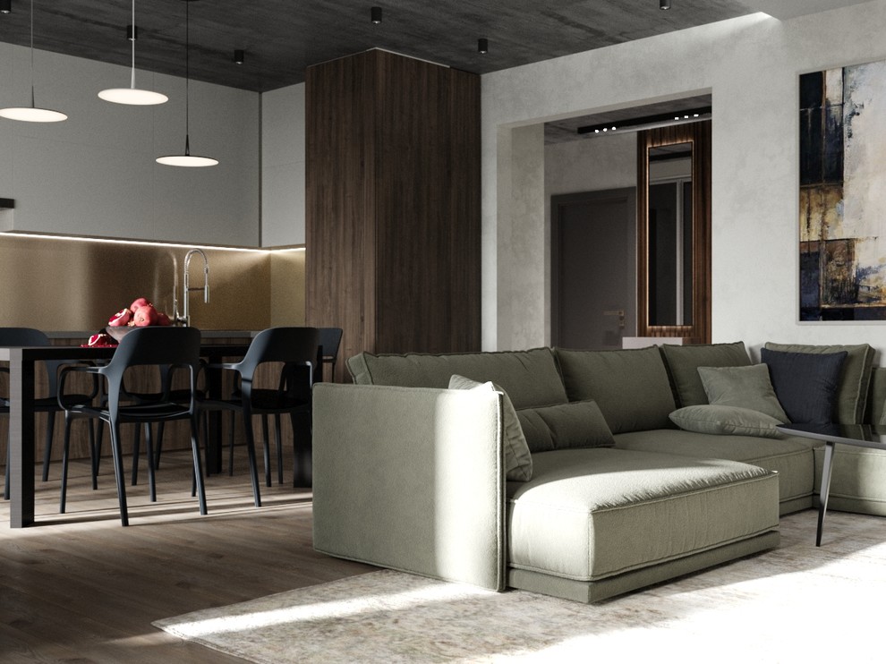 Брутальный интерьер для молодого мужчины. Гостиная-студия.