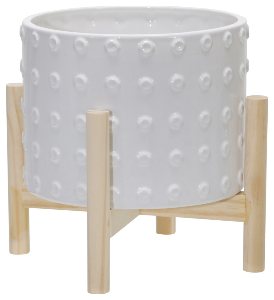 8" Ceramic Dotted Planter With Wood Stand, White
