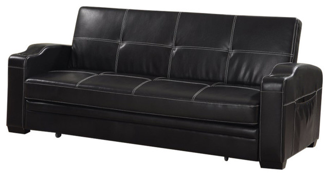 Faux Leather Sofa Bed With Storage and Cup Holders, Black