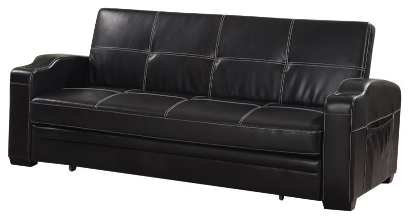 Faux Leather Sofa Bed With Storage And, Black Faux Leather Futon With Cup Holders