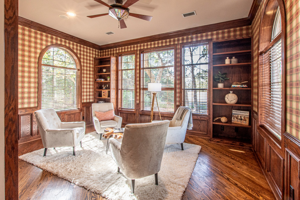 Example of a mid-sized french country family room library design in Austin