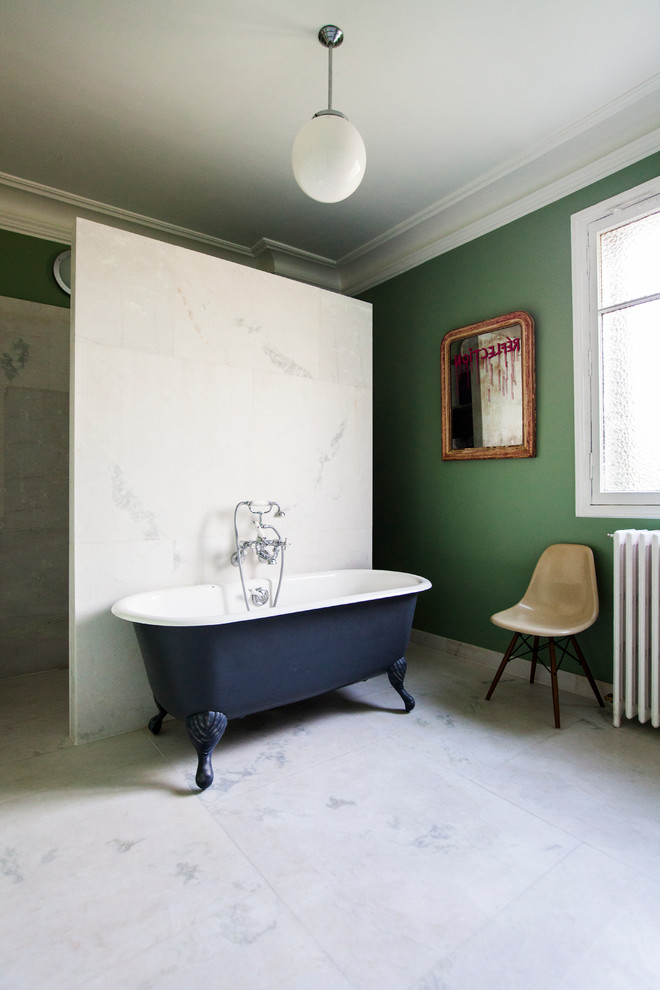 Inspiration for a large contemporary master bathroom in Paris with a claw-foot tub, a curbless shower, white tile and green walls.