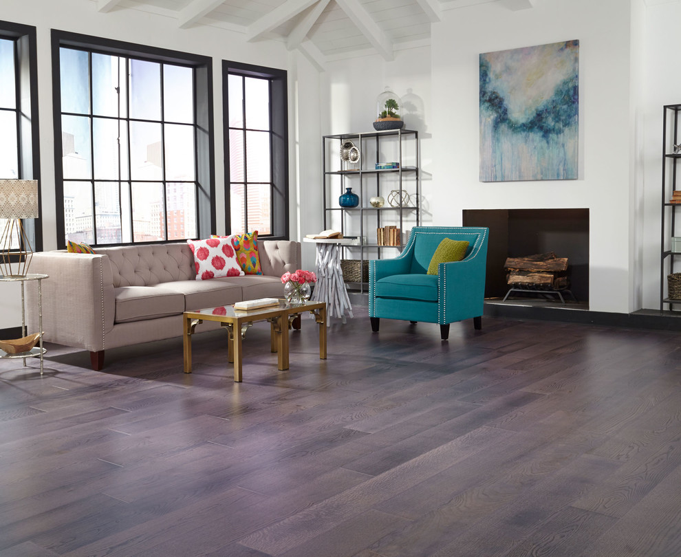 Example of a large trendy formal and open concept medium tone wood floor and brown floor living room design in Other with beige walls