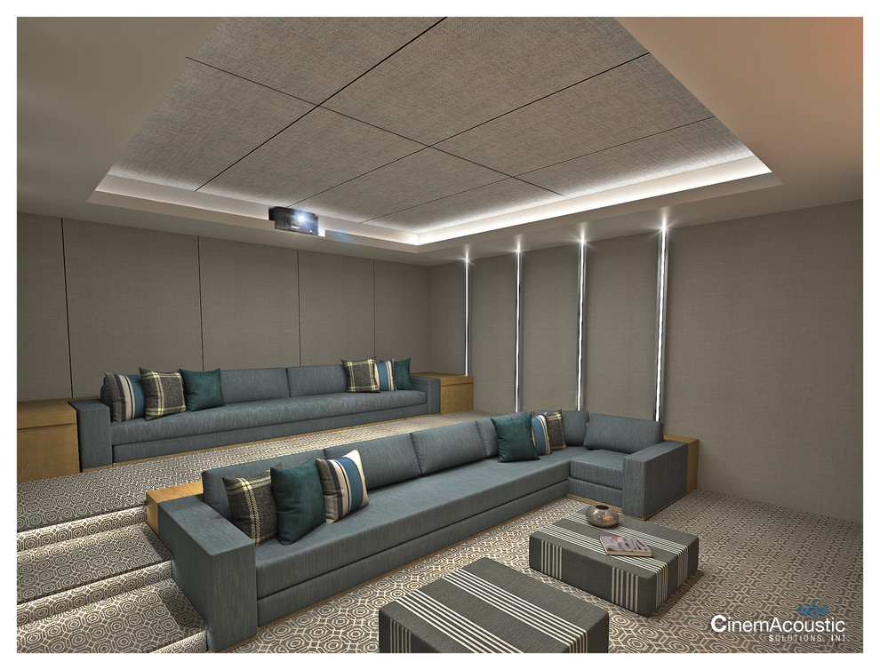 Expansive contemporary enclosed home theatre in Miami with grey walls, carpet and a projector screen.