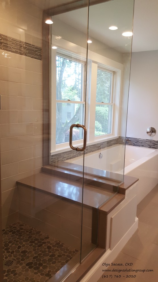 Photo of a large contemporary master bathroom in Boston with an alcove tub, gray tile, porcelain tile, grey walls, porcelain floors, shaker cabinets, white cabinets, a corner shower, engineered quartz benchtops, a one-piece toilet and an undermount sink.