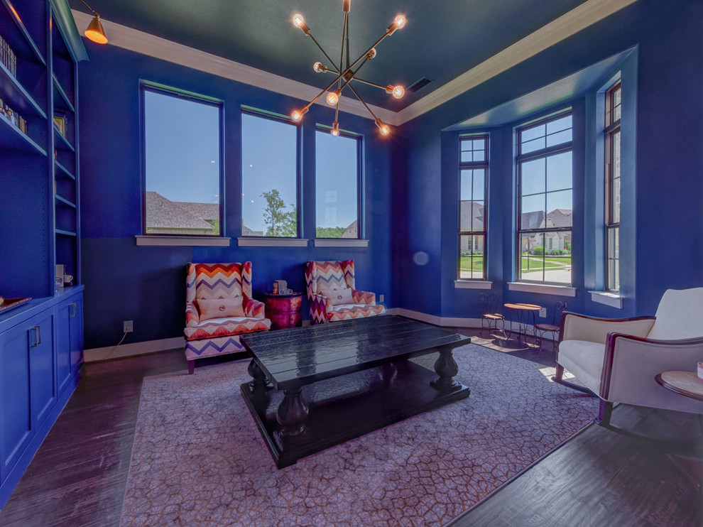 Design ideas for a mid-sized traditional study room in Dallas with blue walls, dark hardwood floors and brown floor.