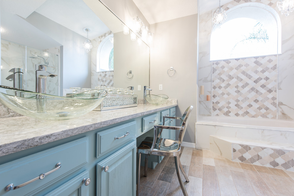 Large traditional master bathroom in Other with turquoise cabinets, a vessel sink, engineered quartz benchtops, a hinged shower door, an alcove tub, an alcove shower, mosaic tile and grey walls.