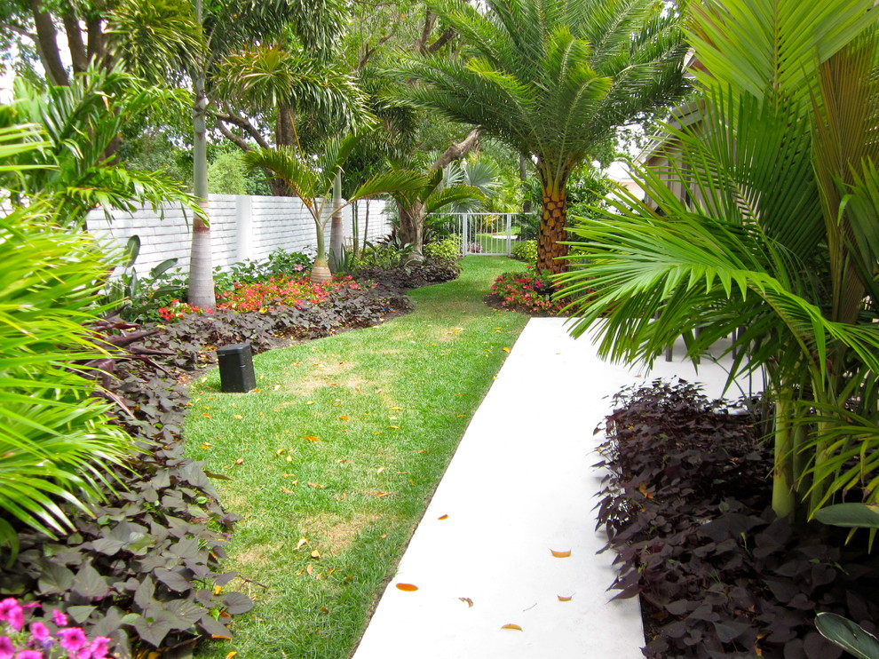 Inspiration for a mid-sized traditional side yard partial sun formal garden in Miami with a garden path and concrete pavers.