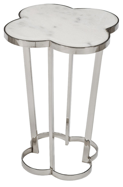 Lansbury Hollywood Marble Top Silver Metal Clover End Table