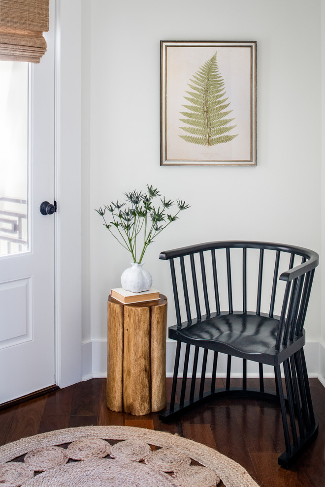 Inspiration for a small beach style vestibule in Other with white walls, medium hardwood floors, a single front door, a gray front door and red floor.