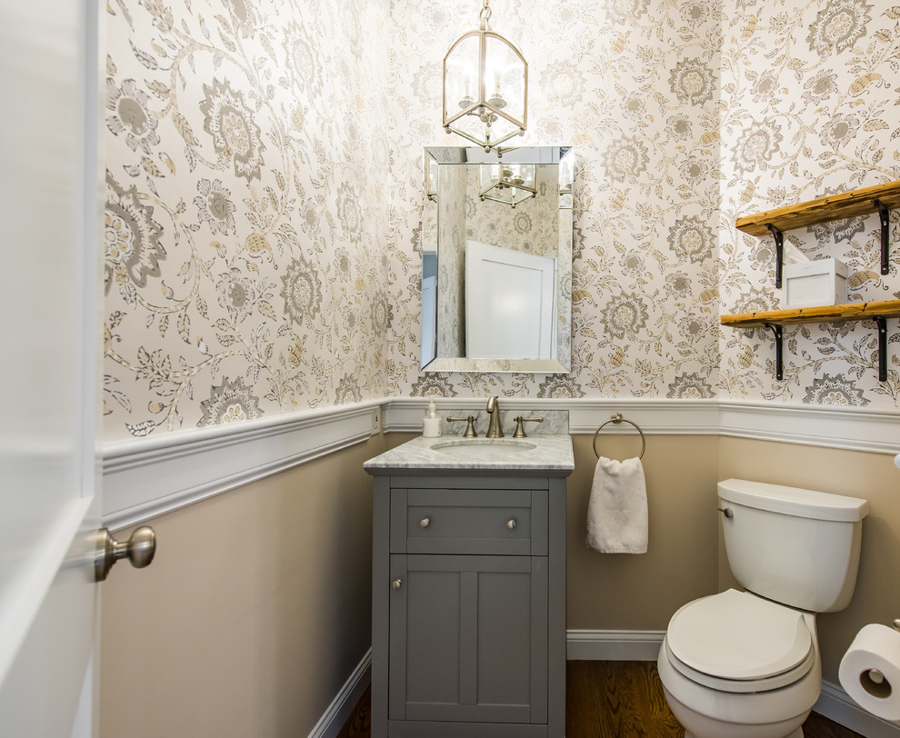 Inspiration for a small traditional powder room in Boston with grey cabinets, multi-coloured walls, medium hardwood floors, an undermount sink, a two-piece toilet and recessed-panel cabinets.