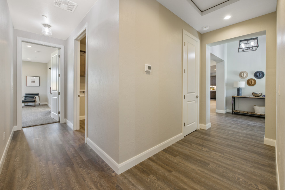 Aménagement d'un couloir classique avec un mur gris, un sol en vinyl et un sol marron.