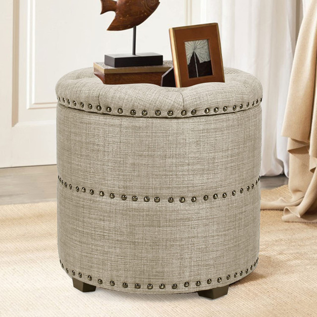Square Cube Ottoman Footstool with Tray, Beige