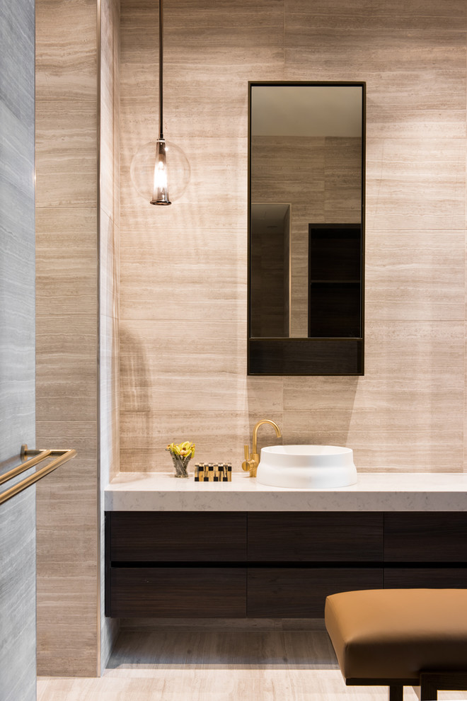 Large modern bathroom in Melbourne with white walls and bamboo floors.