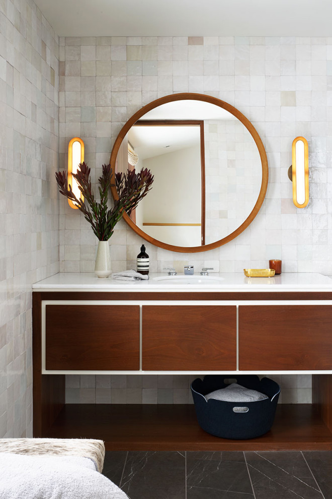Inspiration for a rustic master single-sink bathroom remodel with flat-panel cabinets, white walls and white countertops