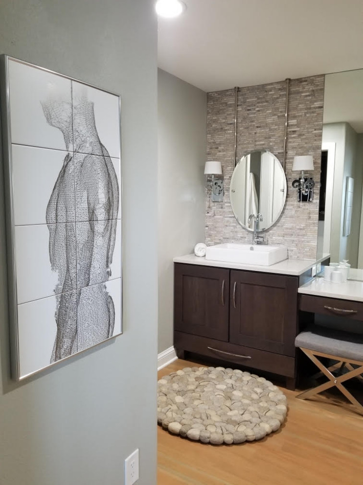 Claw-foot bathtub - transitional master multicolored tile and stone tile light wood floor, gray floor and double-sink claw-foot bathtub idea in Denver with shaker cabinets, dark wood cabinets, a two-piece toilet, beige walls, a vessel sink, quartz countertops, white countertops and a built-in vanity