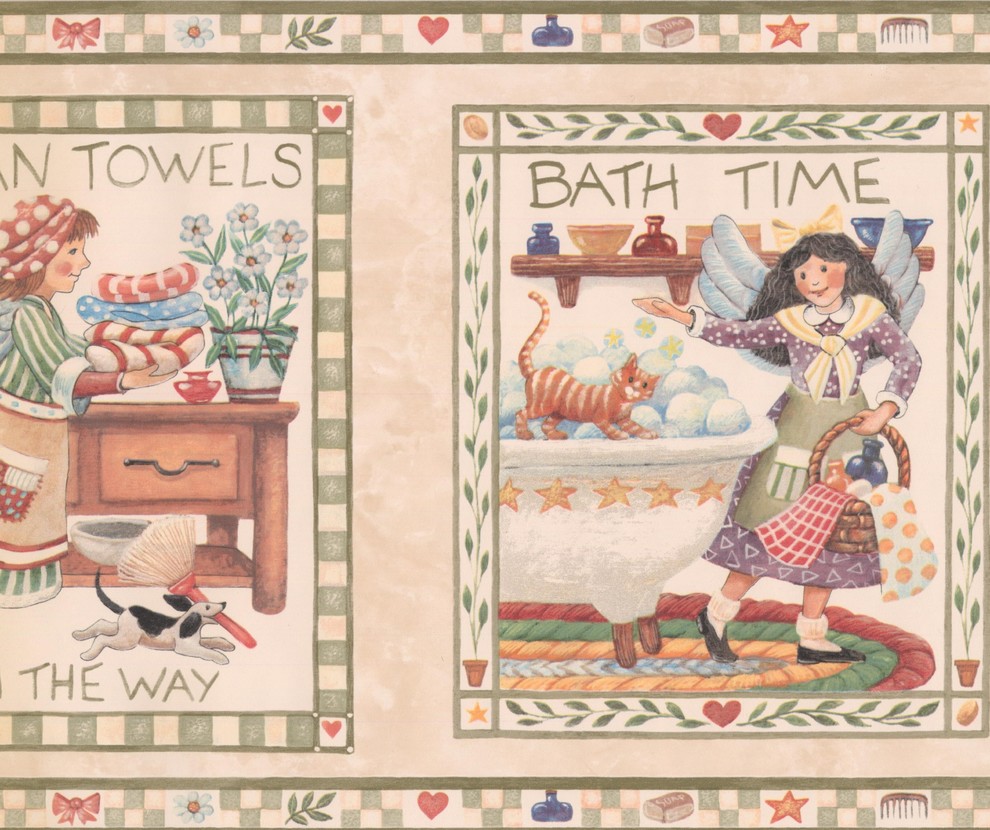 Bathroom Fairy Pictures on Beige Wall Kids Wallpaper Border Retro Design, Roll