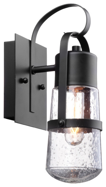 Helm 12" 1-Light Matte Black Outdoor Wall Sconce with Clear Seeded Glass Shade
