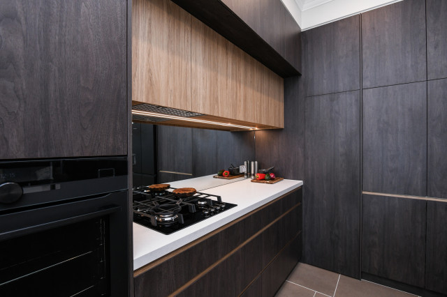 Two Toned Kitchen with White Benchtops contemporary-koek