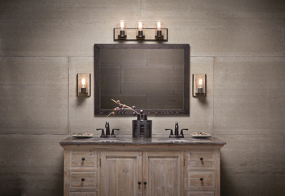 Photo of a mid-sized country powder room in Chicago with furniture-like cabinets, distressed cabinets, beige tile, cement tile, beige walls, an undermount sink and granite benchtops.