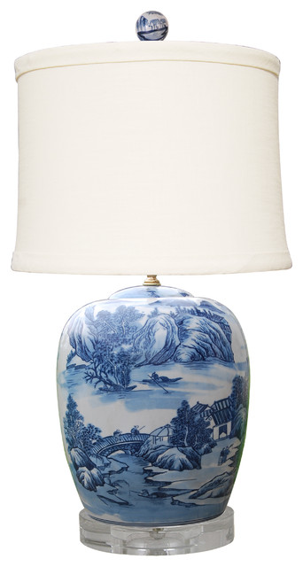 Chinese Canton Jar Table Lamp, Blue Porcelain Jar Table Lamp