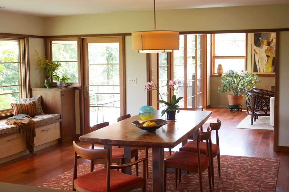 Photo of a traditional dining room in Portland with white walls and dark hardwood floors.