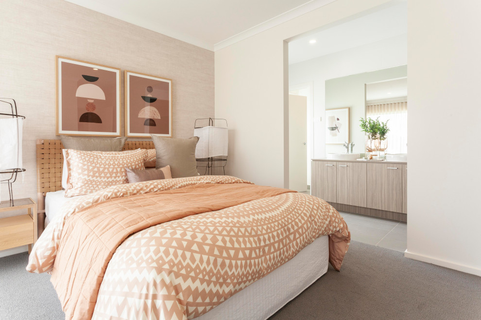 This is an example of a contemporary master bedroom in Melbourne with beige walls, carpet, grey floor and wallpaper.