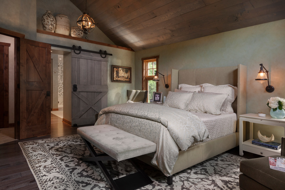 Design ideas for a country bedroom in Milwaukee with beige walls, dark hardwood floors and brown floor.