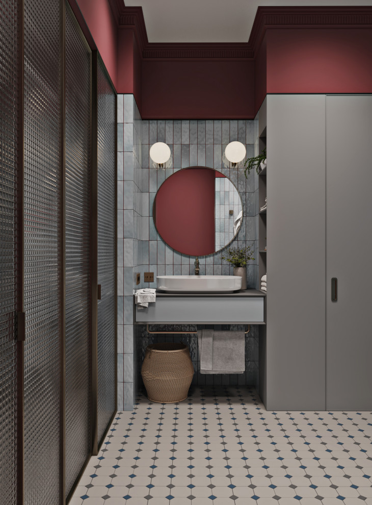 На фото: ванная комната среднего размера со стиральной машиной в стиле фьюжн с фасадами с выступающей филенкой, серыми фасадами, душевой комнатой, инсталляцией, разноцветной плиткой, керамической плиткой, красными стенами, полом из мозаичной плитки, душевой кабиной, накладной раковиной, столешницей из искусственного кварца, разноцветным полом, душем с распашными дверями, серой столешницей, тумбой под одну раковину, подвесной тумбой и балками на потолке с