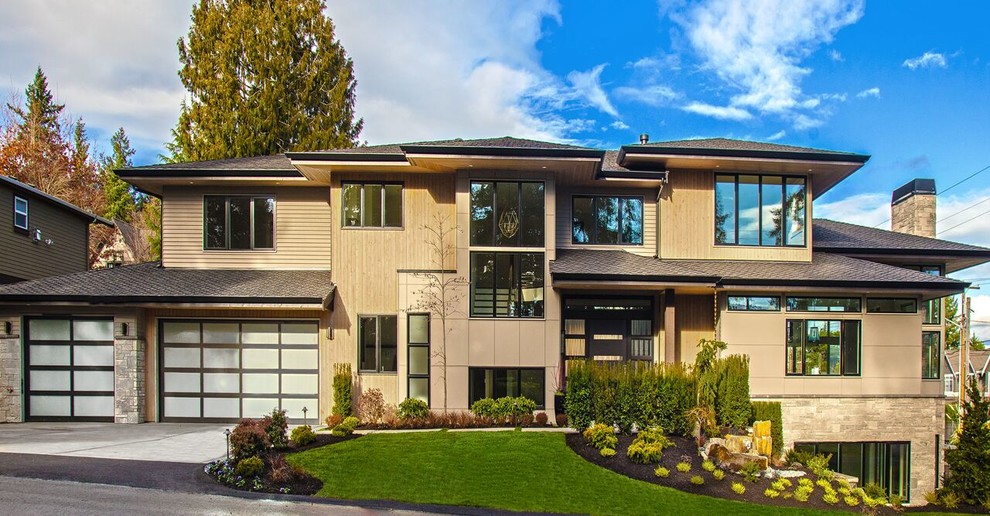 Large transitional beige three-story mixed siding gable roof idea in Seattle with a shingle roof