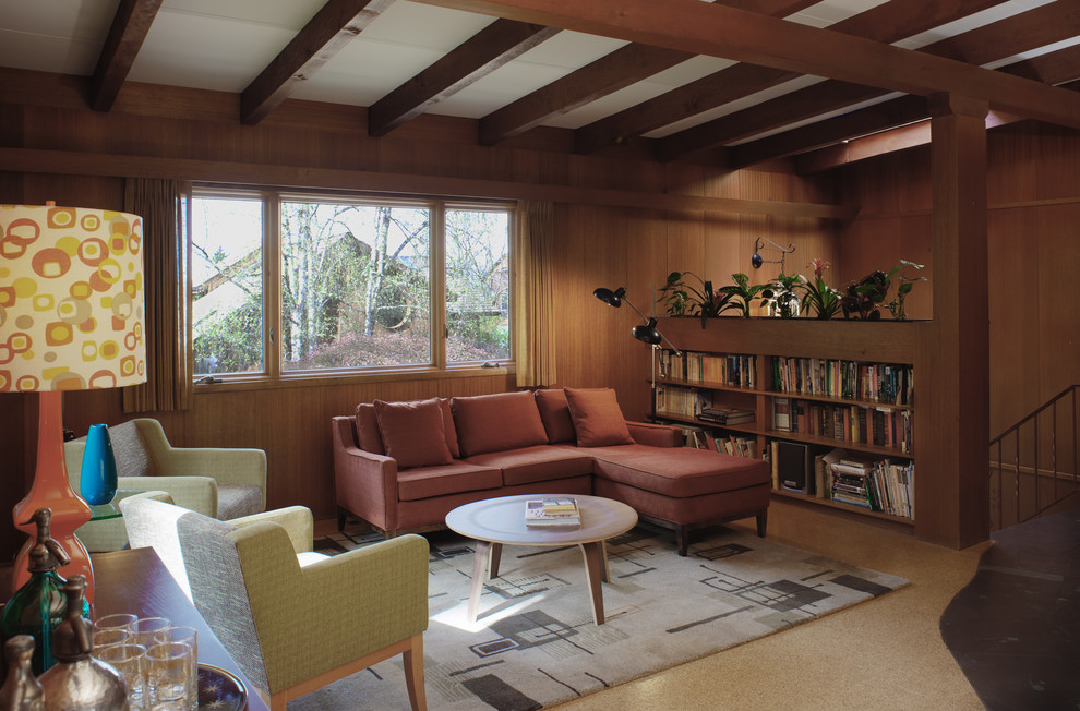 Photo of a mid-sized midcentury formal enclosed living room in Portland with carpet and no tv.