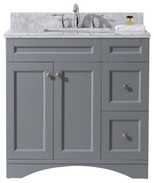 Virtu Elise 36" Single Bathroom Vanity, Gray With Marble Top and Square