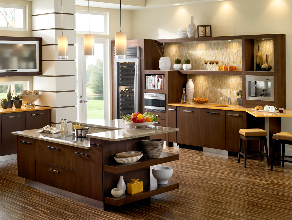 Inspiration for a contemporary kitchen in Minneapolis with flat-panel cabinets and dark wood cabinets.