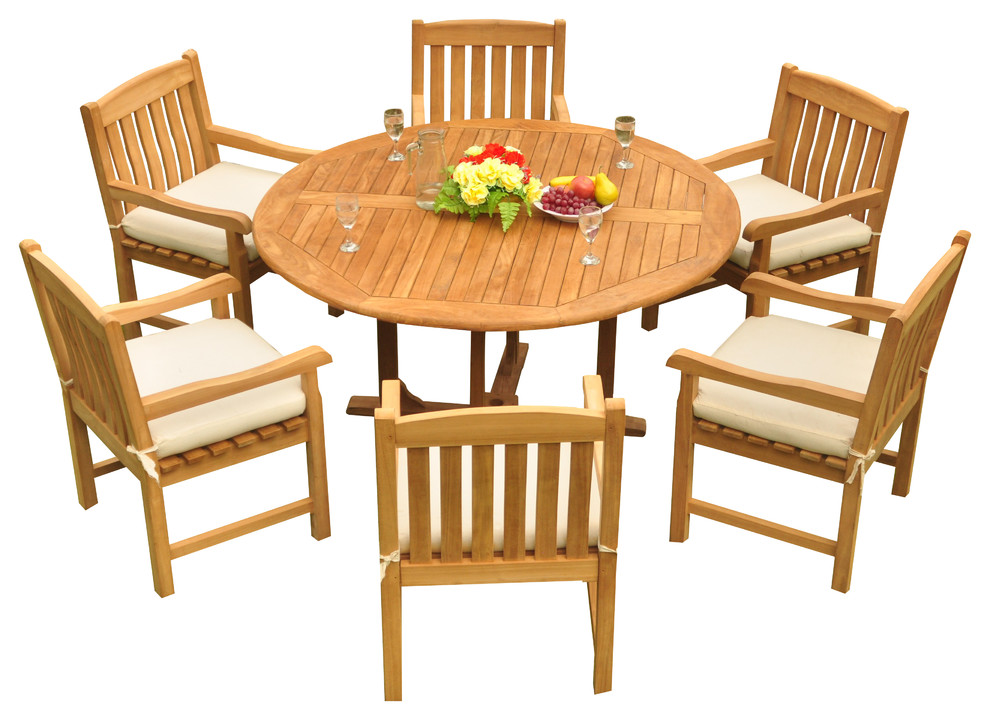 7-Piece Outdoor Teak Dining Set, 60" Round Table, 6 Devon Arm Chairs